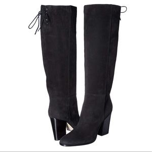 Sergio Rossi NEW in Box $2000 Black Suede Knee Heeled Boots Back Lace Dust Bag